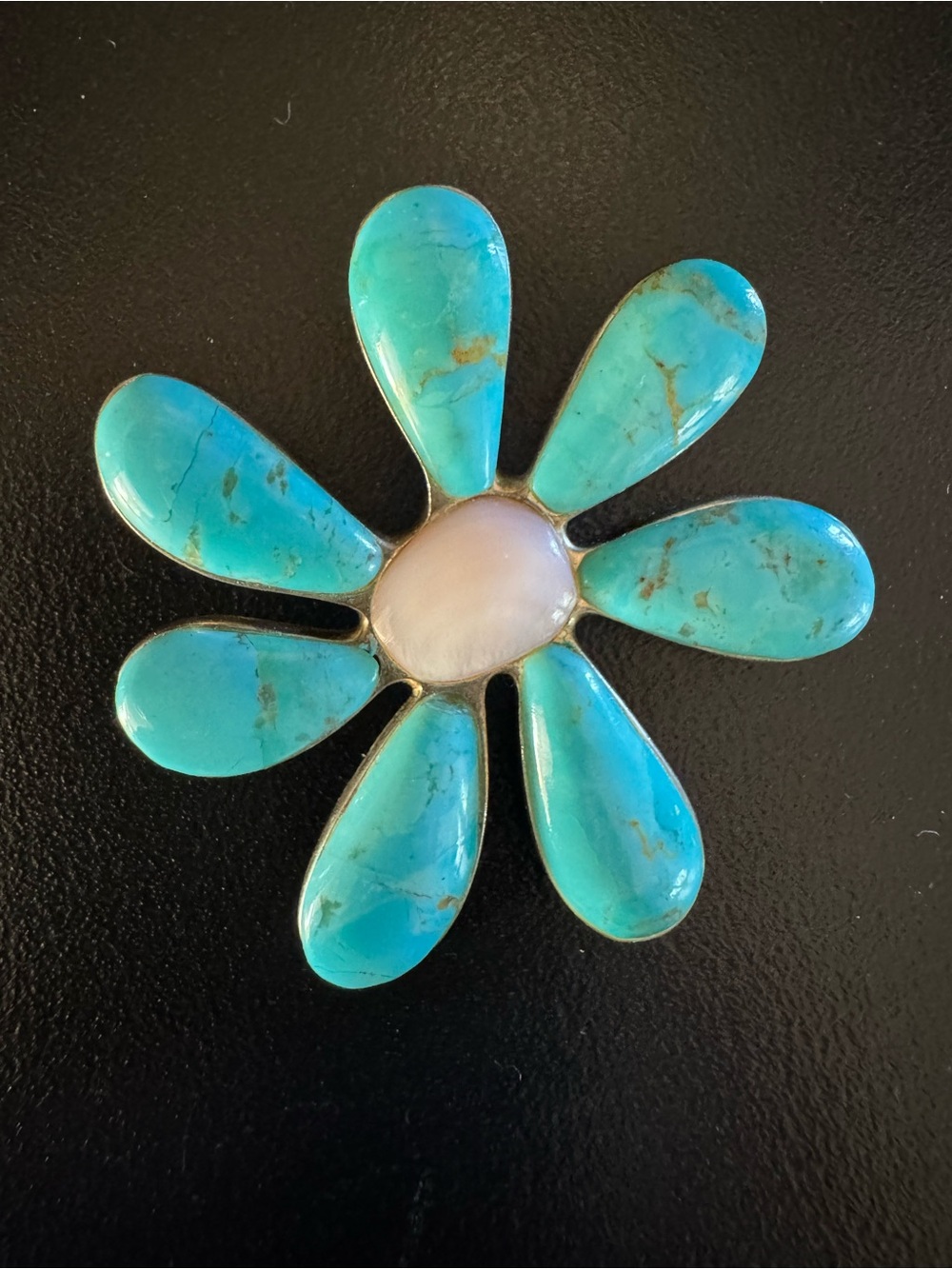Sterling Silver Turquoise Mother of Pearl Flower Pendant 925 Thai 10.94g